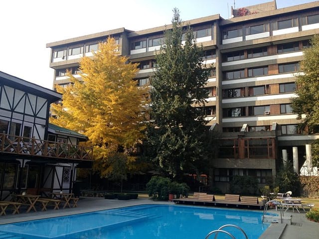 Outdoor cafe at Hotel Broadway with blue pool, ideal for meetings and events.