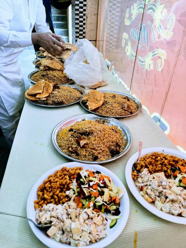 Catering spread with biryani at Musa Banquet Halls for events and meetings