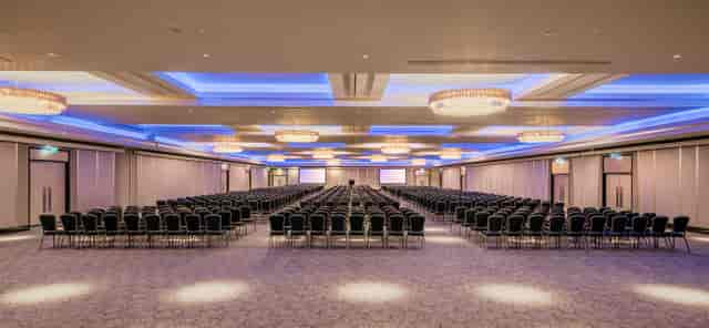 Peninsula Ballroom theater setup with LED lighting for corporate events and keynote presentations.