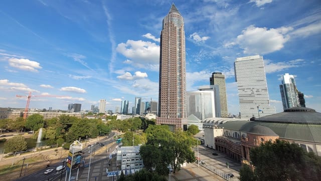 Messe Frankfurt skyline with skyscrapers, ideal for conferences and events.