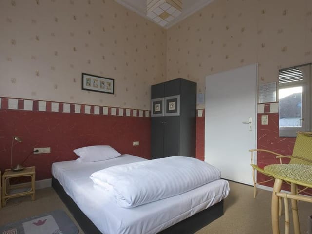Hotel am Berg garden area, simple room with single bed for quiet conference breaks.
