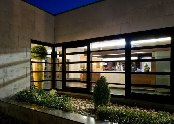 Modern venue entrance at Sala Bellavista, Villa Pace Park Hotel for events and meetings.