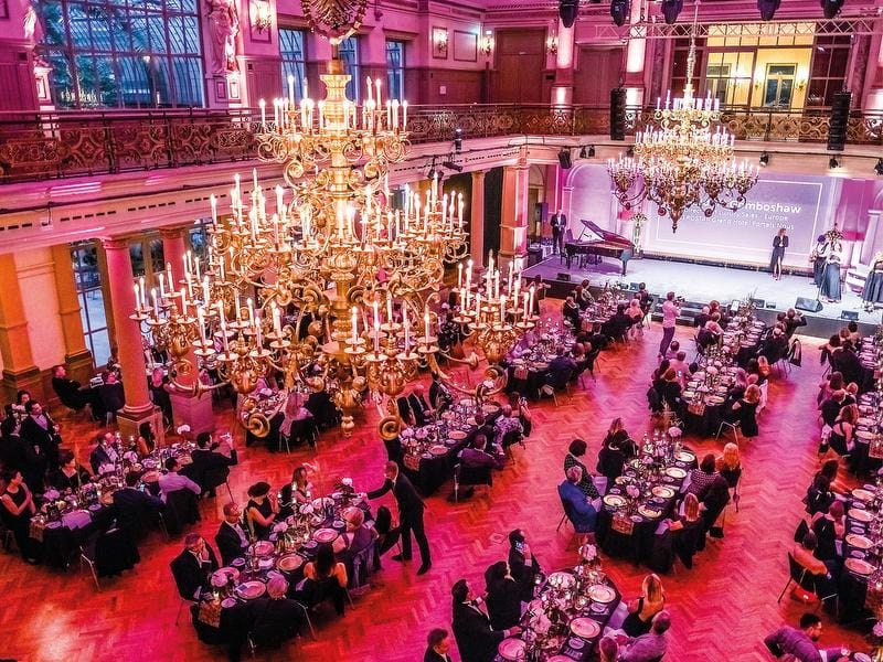 Elegant gala in Emporensaal, adorned with chandeliers and set for networking events.