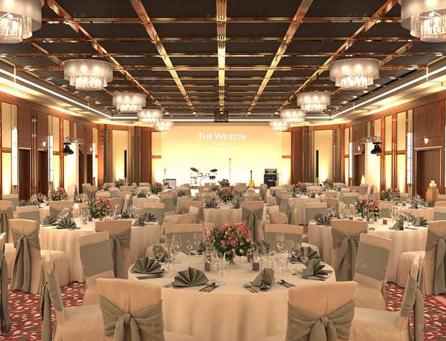 Elegant banquet room setup at The Westin Grand Frankfurt for corporate events and celebrations.