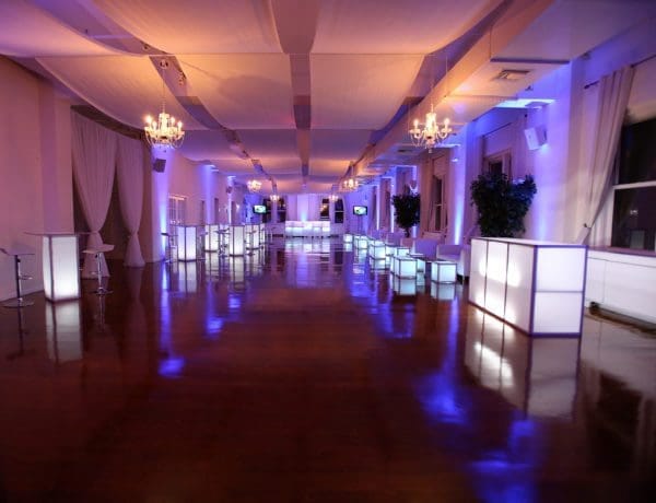 Elegant banquet hall with chandelier ambiance for upscale events in Midtown.