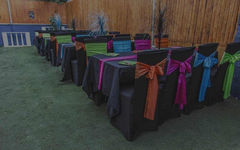 Twilight Hall outdoor setup with colorful tables for festive gatherings in Queens.