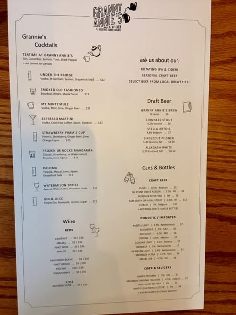 Cocktail menu at Granny Annie's Bar & Kitchen for events, featuring prices and diverse options.