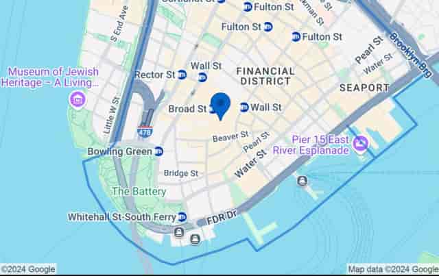 Financial District NYC map highlighting event venues and corporate meeting locations.