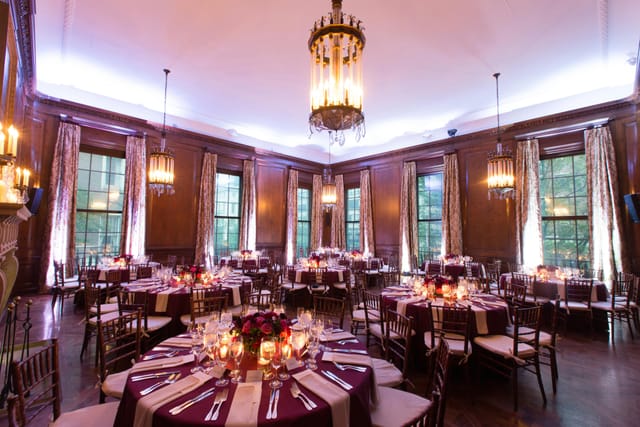 Elegant event space at Park Slope Library with chic table settings for corporate gatherings.