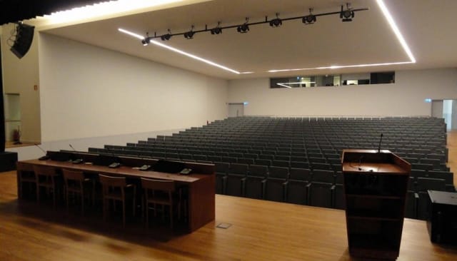 Spacious auditorium in Bizkaia Aretoa for conferences and seminars with ample seating.