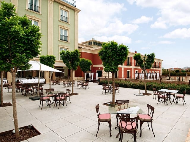 Stylish outdoor lounge at Eurostars Palacio Buenavista, perfect for cocktail receptions.