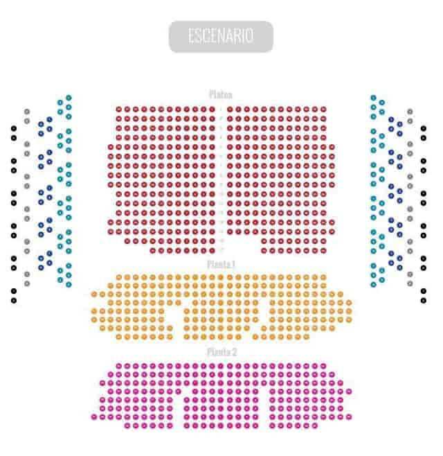 Teatro Calderón seating chart with color-coded sections for optimized event viewing.
