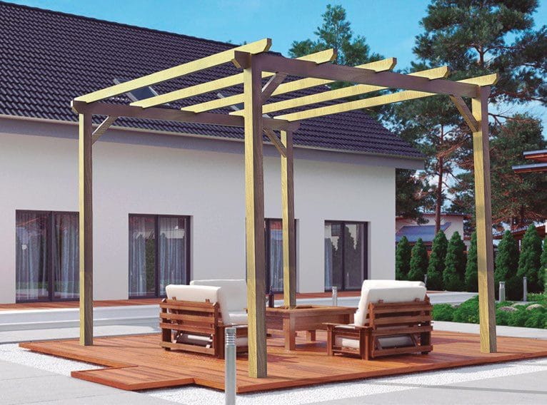 Stylish outdoor seating under pergola for networking and social events.