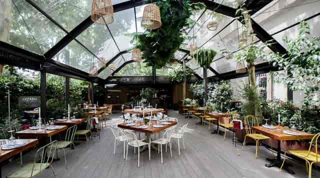 Indoor garden at Jardín de Arzábal for events, featuring abundant greenery and natural light.