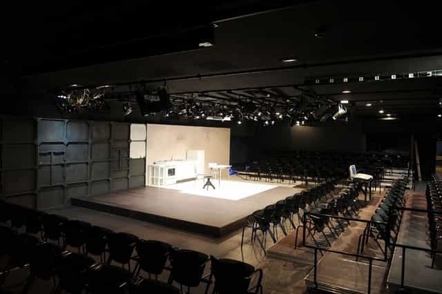Teatro Fernán Gómez auditorium with staged area, ideal for performances and workshops.