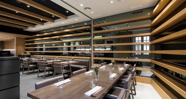 Elegant banquet hall with modern decor for corporate events and private dining.
