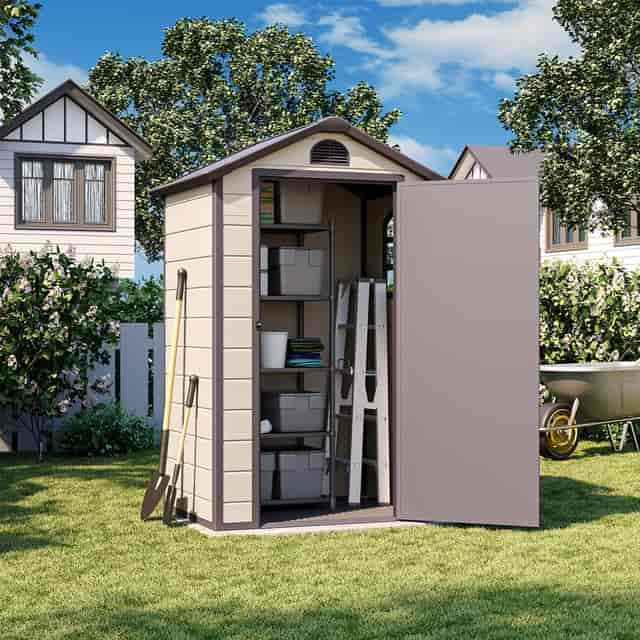 "Oakville Manor storage shed, organized tools for efficient event planning workspace."