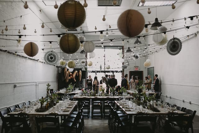 Elegant coworking space in Bat Haus with decorative lights for weddings and gatherings.