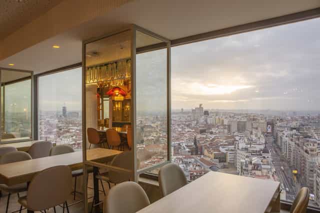 Sleek event space at Hotel Riu Plaza España with panoramic views; perfect for corporate meetings.