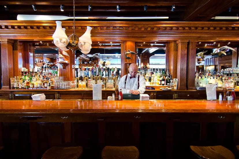 Bar at Old Ebbitt Grill with polished wood, ideal for networking events and social gatherings.