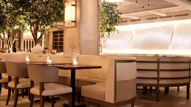 Elegant Avra Madison restaurant interior with soft lighting, ideal for events and meetings.