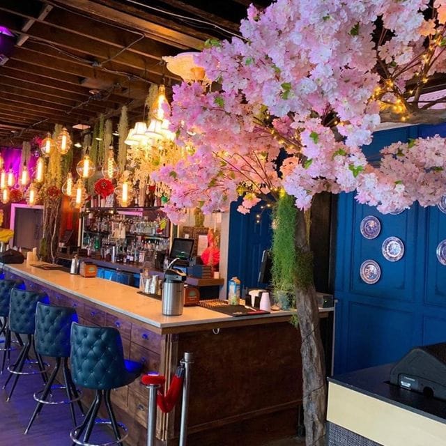 Vibrant bar with cherry blossoms at Harlot DC, perfect for cocktail receptions or gatherings.