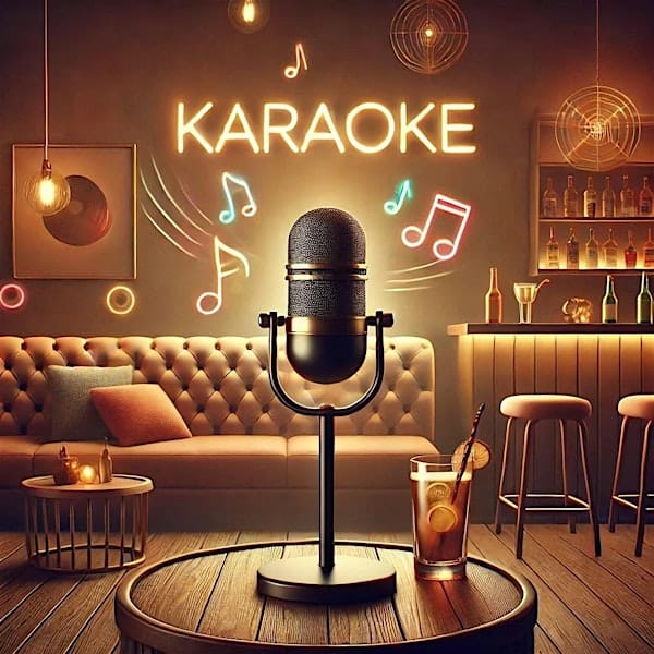 Karaoke setup with microphone at lively Crown & Crow, perfect for events and gatherings.