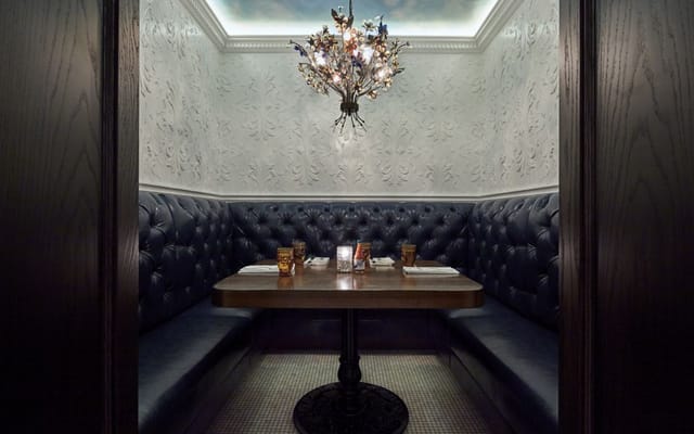 Intimate private dining room with plush seating, ideal for corporate events and exclusive dinners.