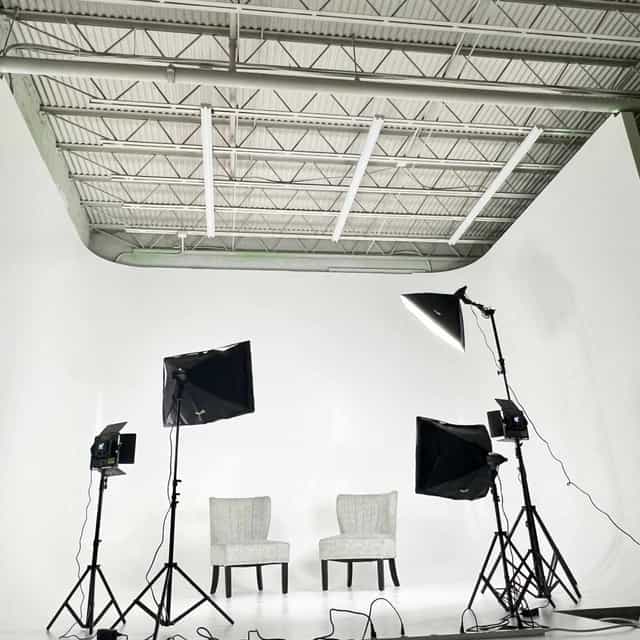 Producer's Meeting setup with two chairs, ideal for virtual interviews and panel discussions.