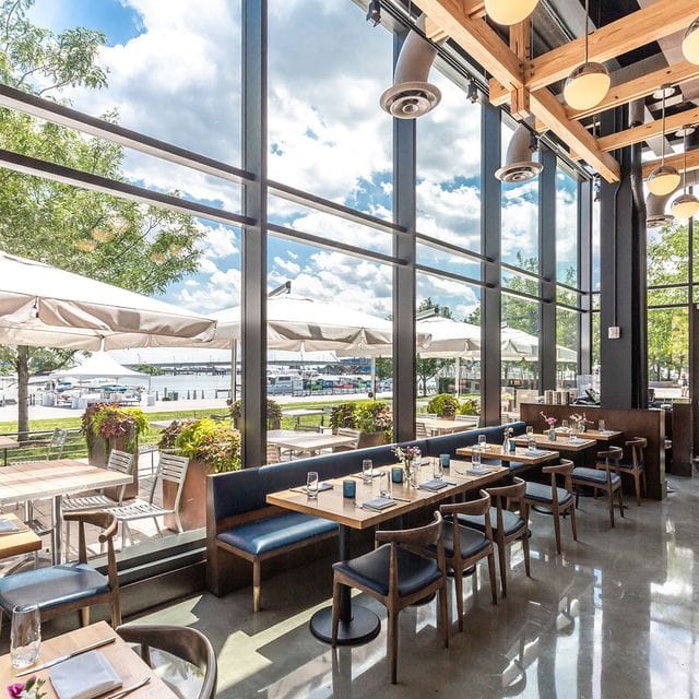 Modern Tasting Bar with large windows at District Winery for networking events.