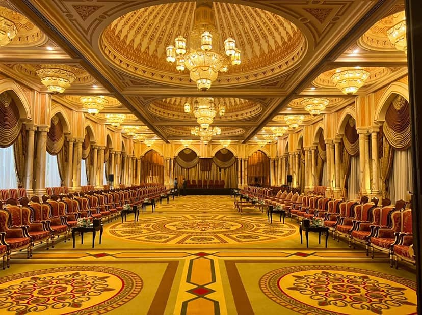 Grand Ballroom at InterContinental Abu Dhabi with opulent chandeliers for conferences.