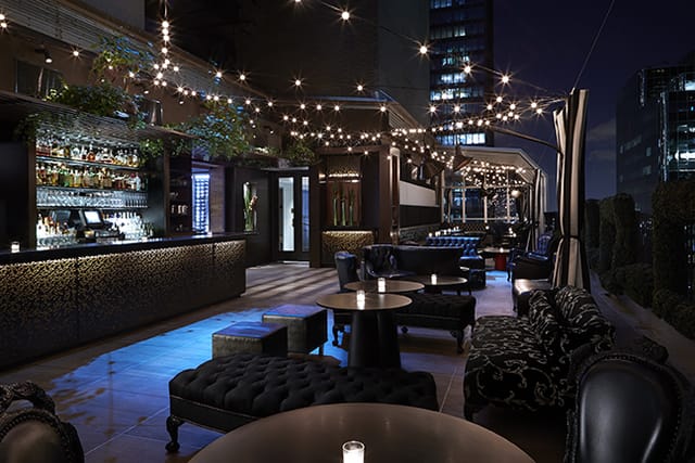 Sophisticated rooftop venue with skyline view, perfect for cocktail receptions.