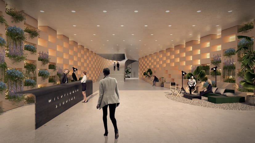 Modern lobby at Bigeye Studios with sleek reception and inviting atmosphere for events.