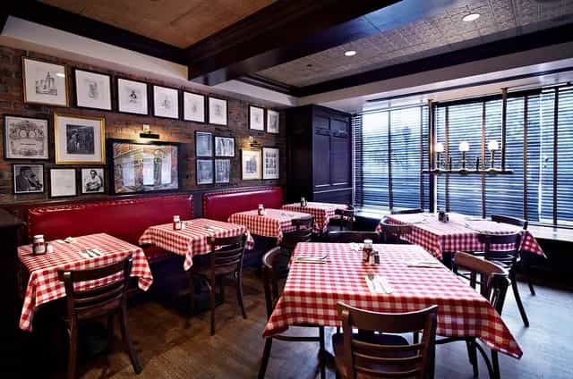 Cozy P.J. Clarke's Restaurant on the Hudson with checkered tablecloths for intimate gatherings.