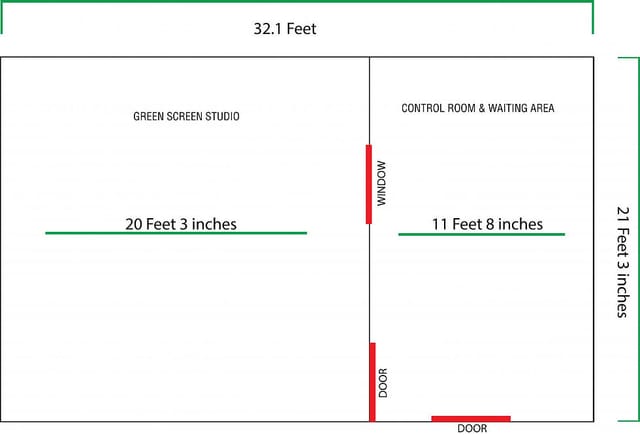Event space floor plan with green screen studio, ideal for productions and meetings.