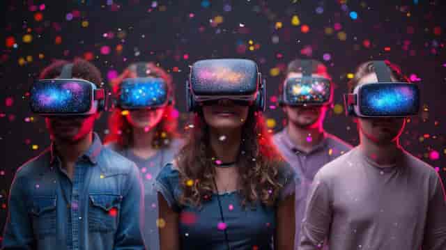 Group in virtual reality meeting at DNA VR, showcasing immersive technology for events.