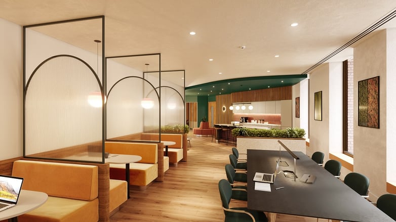 Modern meeting room with cozy booth seating for events and workshops at Orega Balloon Street. - Banner