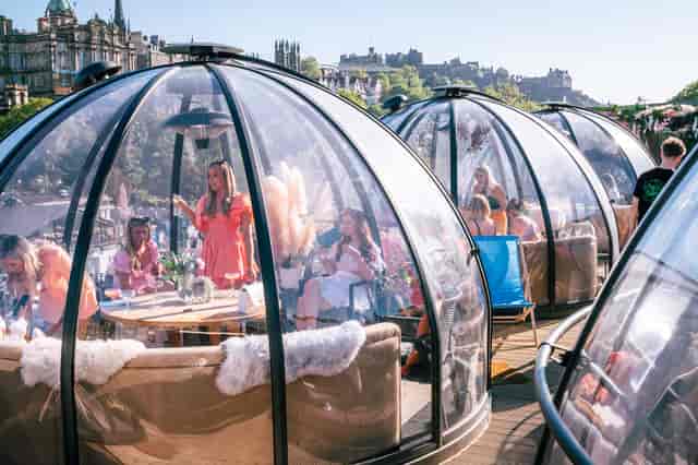 Outdoor cocktail bar pods in The Dome Edinburgh, perfect for events and gatherings.