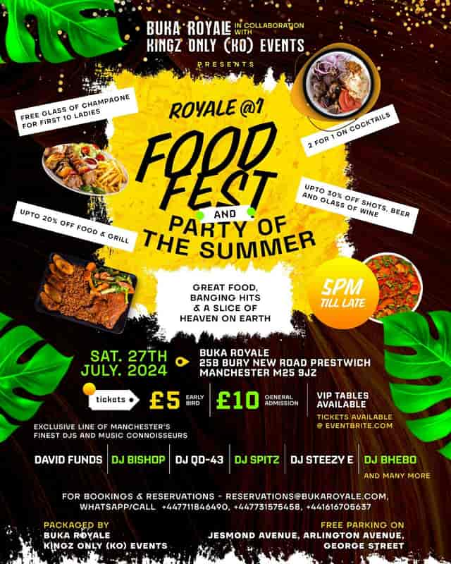 Vibrant summer Food Fest flyer at Buka Royale with discounts on food and drinks.