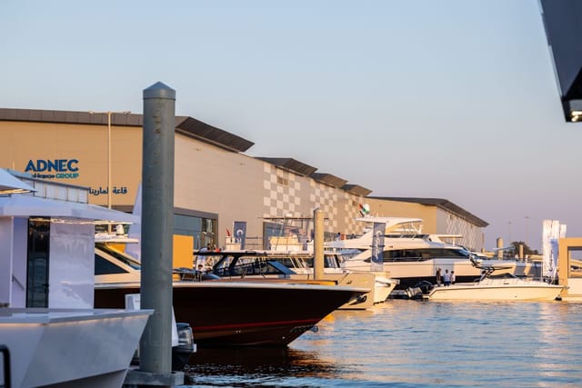 Marina Hall at ADNEC with luxury yachts, ideal for corporate events and networking.