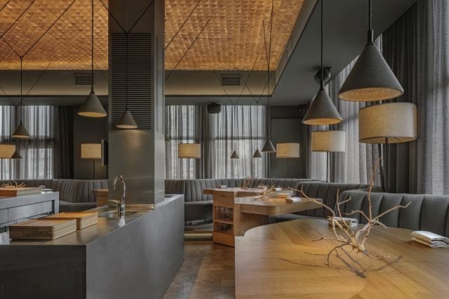 Private dining room in Group 212 with elegant lighting for events and meetings.
