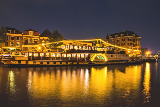 Illuminated boat dock at Panoramic salon, perfect venue for evening events and gatherings.