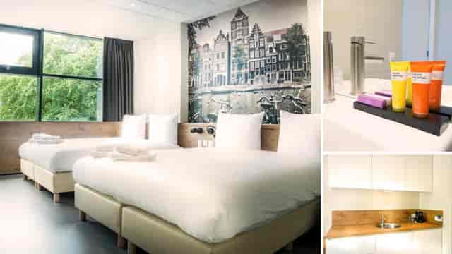 AllDayCafé in CITIEZ Hotel Amsterdam: modern conference room with two beds and vibrant decor.