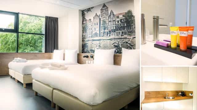 AllDayCafé in CITIEZ Hotel Amsterdam: modern conference room with two beds and vibrant decor.