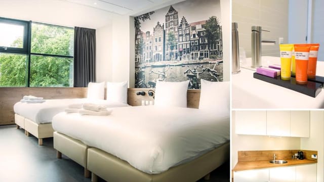 AllDayCafé in CITIEZ Hotel Amsterdam: modern conference room with two beds and vibrant decor.