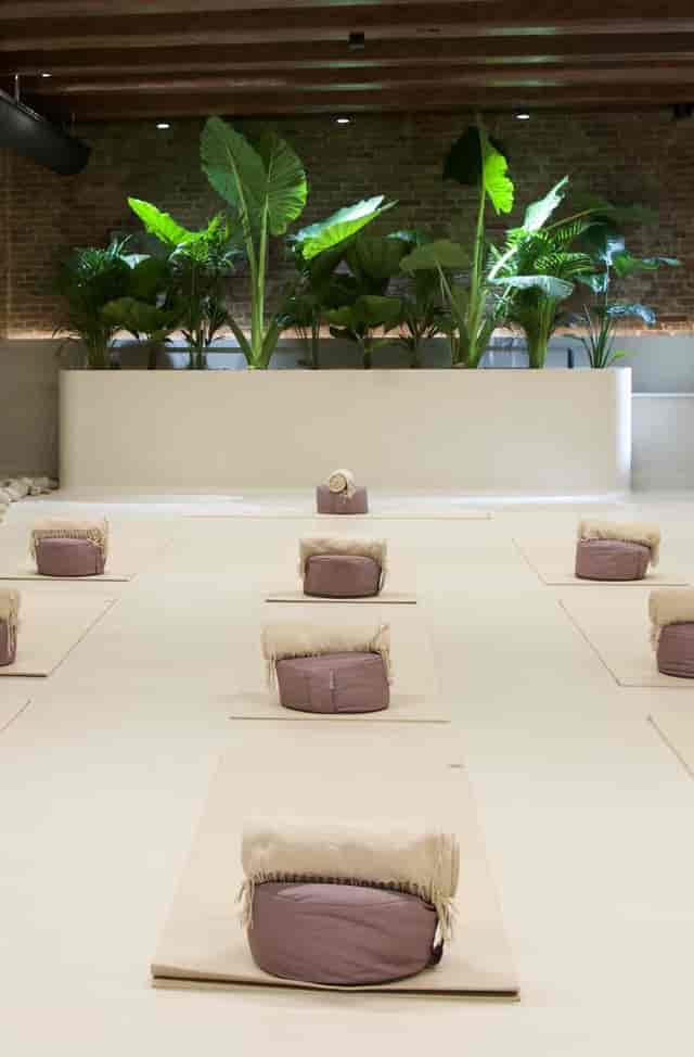 Cacao and yoga class space with cushions for relaxation and mindfulness events.