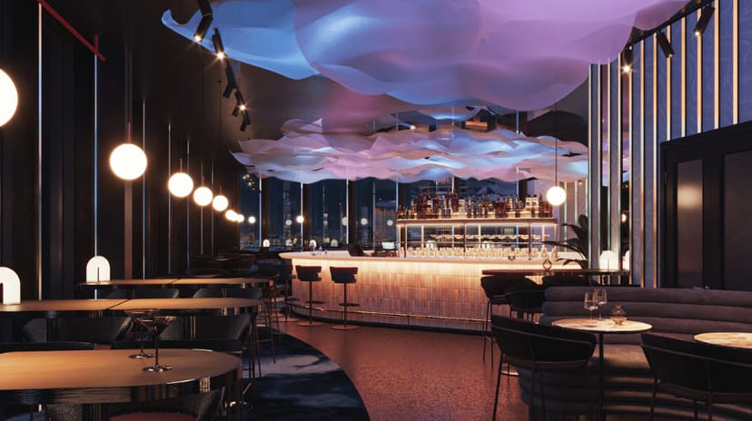 Sky Room in Air Amsterdam: modern event space with stylish bar, perfect for networking and receptions.