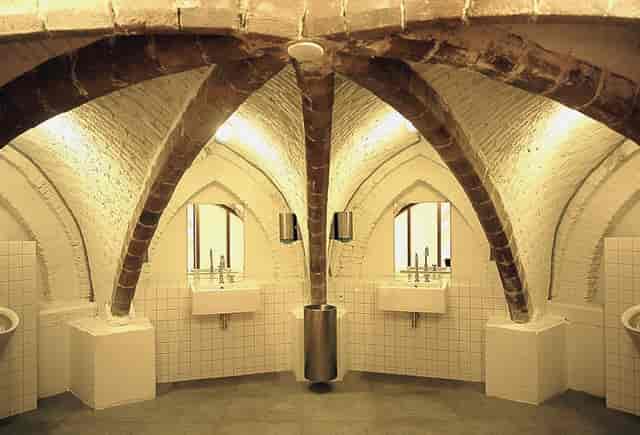Elegant restroom at Vondelkerk, Amsterdam, ideal for events with modern design and ample space.