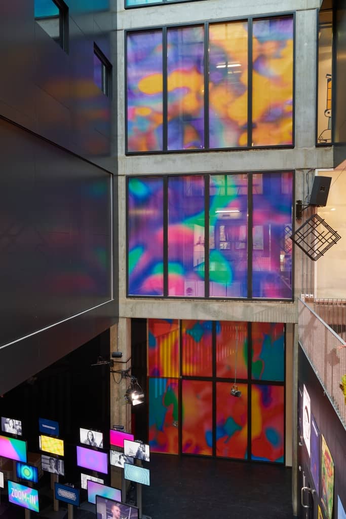 Colorful, translucent panels of Image & Sound Station for innovative events and networking.