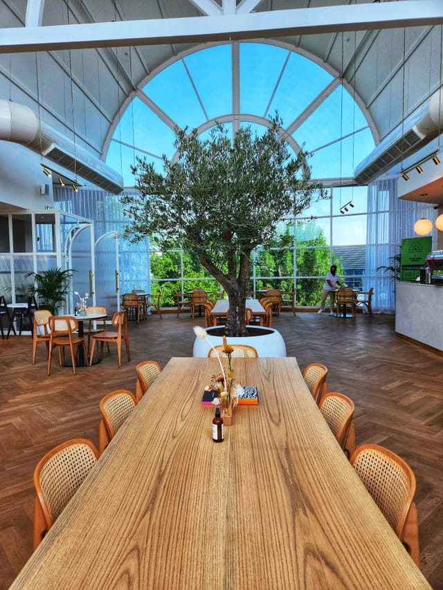 "Stylish East West Atelier event space with central olive tree for networking and gatherings"